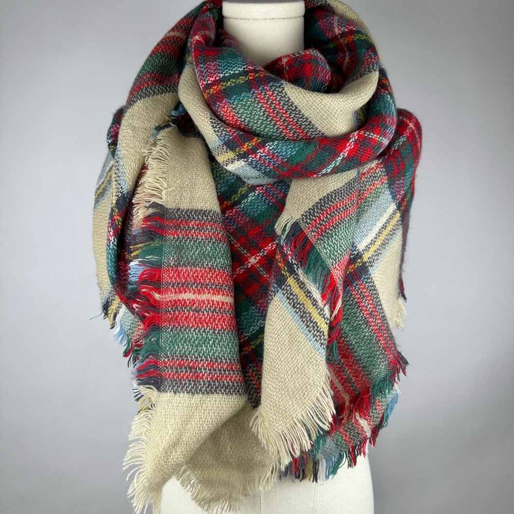 Plaid Blanket Scarf, 100% Arcylic, Red/Green/Tan